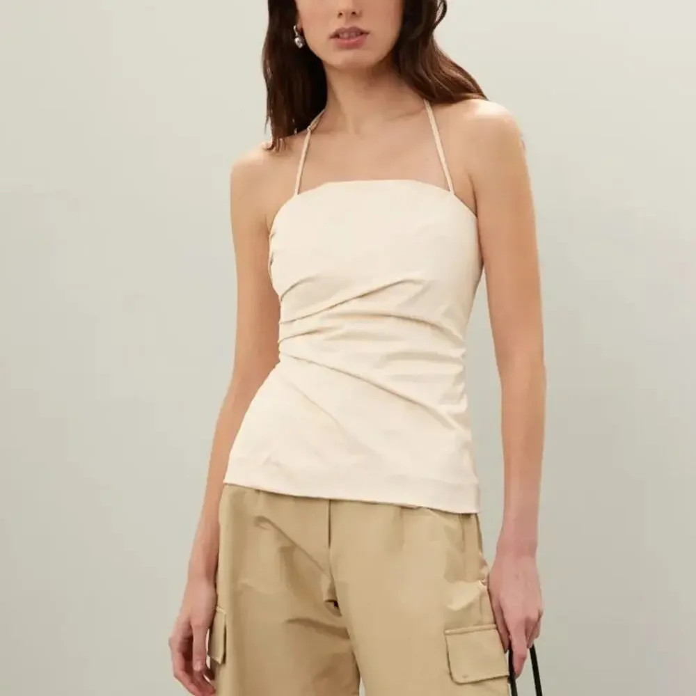 A.L.C. Charlotte Top Sleeveless Halter Neck Pleated Tank Cotton Blend Beige 4